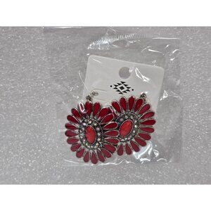 Southwestern Style Red & Silver Tone Floral Statement Dangle Earrings